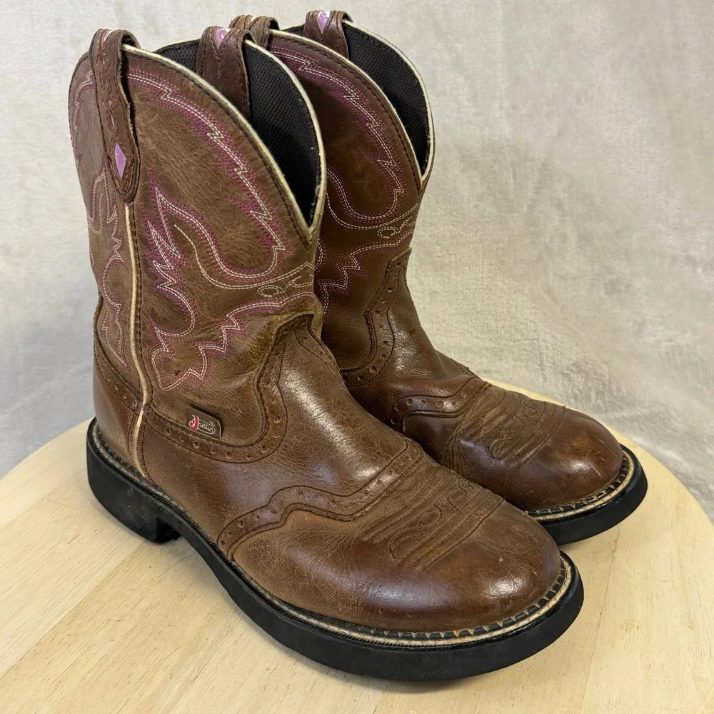 Justin Gypsy Womens Brown Leather Western Cowgirl Boots Pink Stitch L9903 Sz. 9B